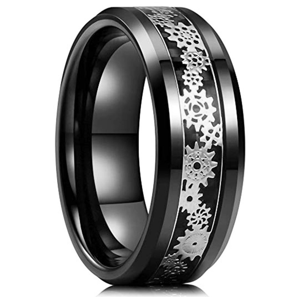 Men's Tungsten Wedding Band (8mm). Wedding Band Black w/ Silver Mechanical Gears